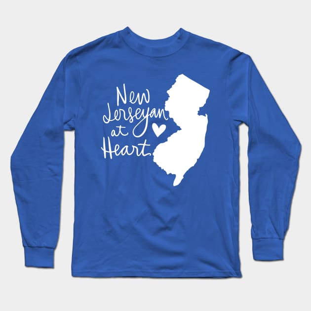 New Jerseyan At Heart: New Jersey State Pride Calligraphy State Silhouette Long Sleeve T-Shirt by Tessa McSorley